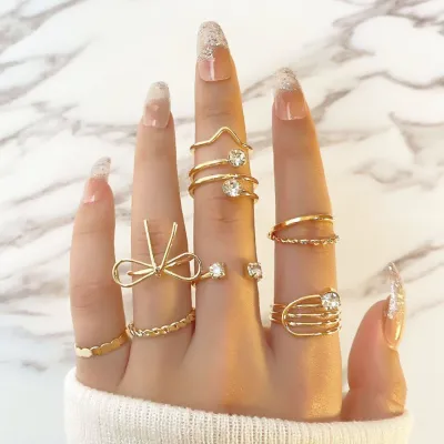 8 Pcs Gold Color Bowknot Finger Rings Set