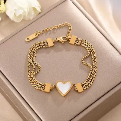 Romantic Three Layer Chains Black White Heart Bracelet