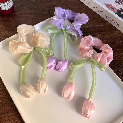 Tulip Flowers Scrunchie Ribbons Hair Rubber ( 1 Pc)