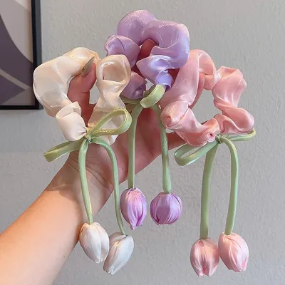 Tulip Flowers Scrunchie Ribbons Hair Rubber ( 1 Pc)