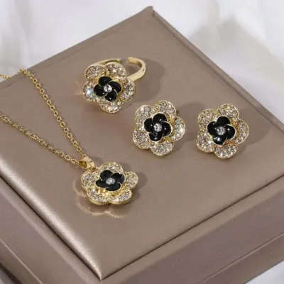 4 Pcs Black Flower Crystal Jewellery Set