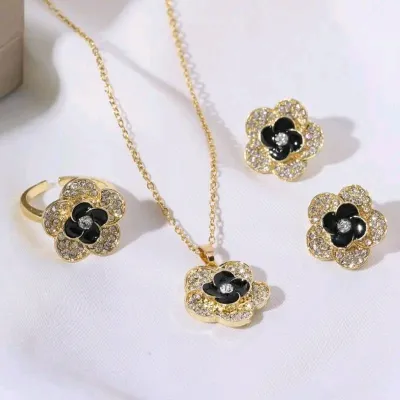 4 Pcs Black Flower Crystal Jewellery Set