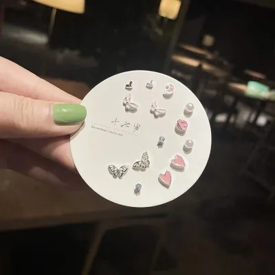 7 Pairs Pink Butterfly Pearl Earrings Set 