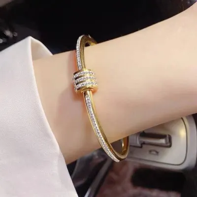 Stainless Steel Gold Plated Diamond Studded Bracelet