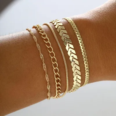 5 Pcs Vintage Flat Snake Chain Bracelet Set