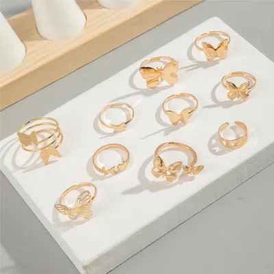 10 Pcs Elegant Gold Metal Butterfly Adjustable Ring Set
