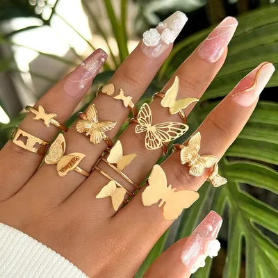 10 Pcs Elegant Gold Metal Butterfly Adjustable Ring Set