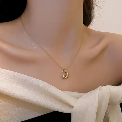 Gold Plated Stainless Steel Moon Star Zircon Necklace