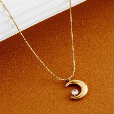 Gold Plated Stainless Steel Moon Star Zircon Necklace