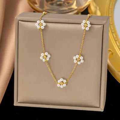 Stainless Steel Gold Plated Daisy Flower Pearl Beaded Necklace