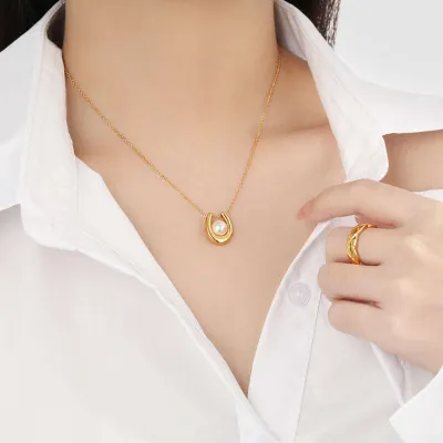 Stainless Steel U Shaped Pearl Necklace