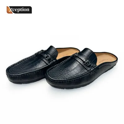 Genuine Bull Worthy High Fastness Crocodile Print Black Leather Half Shoe