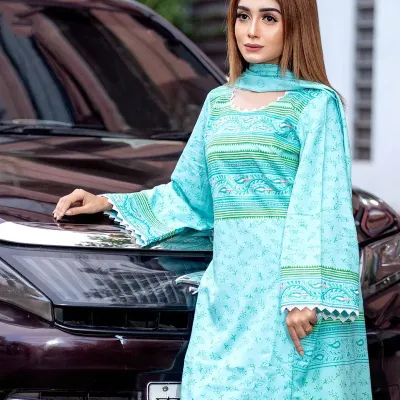 Aqua block embroidered cotton shalwar kameez