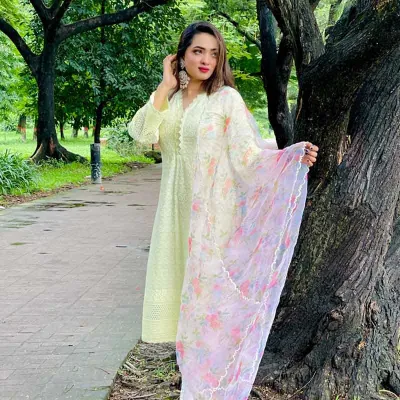 Chicken kari with pritned organza dupatta two piece