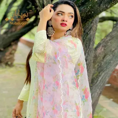 Chicken kari with pritned organza dupatta two piece