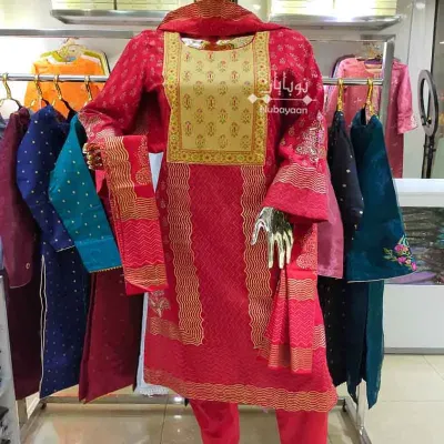 Maroon block embroidered cotton shalwar kameez