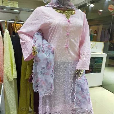 Chicken kari with pritned organza dupatta two piece