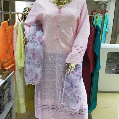 Chicken kari with pritned organza dupatta two piece