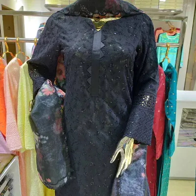 Chicken kari with pritned organza dupatta two piece
