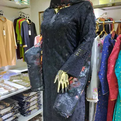 Chicken kari with pritned organza dupatta two piece