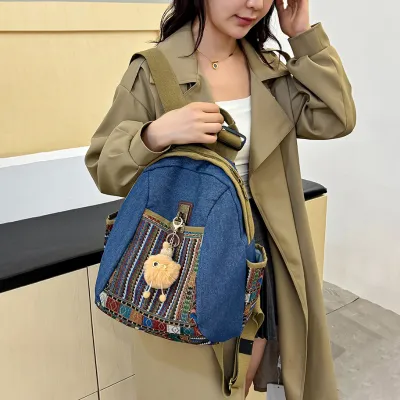 RETRO STYLE EMBROIDERED DIAMOND FABRIC WOMEN'S  BACKPACK GB-5061SPBL