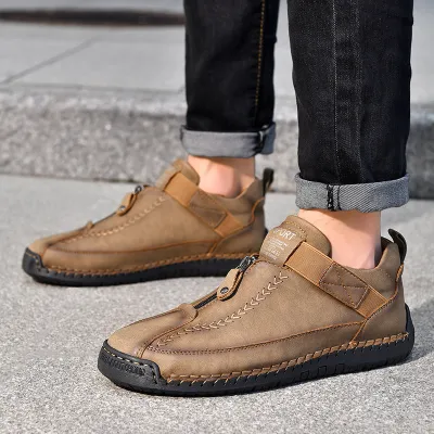 Cross-border leather low-top hand-stitched casual shoes