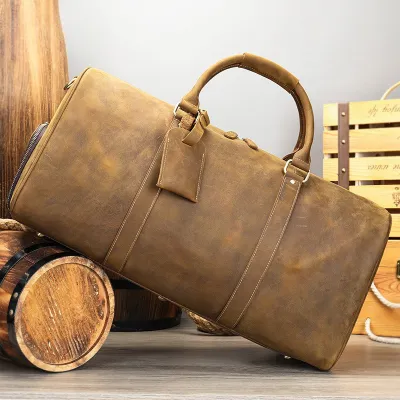 Horse Genuine Leather Travel Fitness Cylinder Handbag