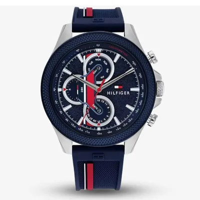 TOMMY HILFIGER CLARK MULTIFUNCTION BLUE DIAL SILICONE STRAP WATCH