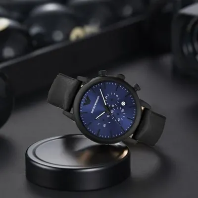 Emporio Armani Luigi Black Leather Strap Blue Dial Chronograph  Watch