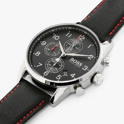 Hugo Boss Navigator Black Dial Black Leather Strap Watch