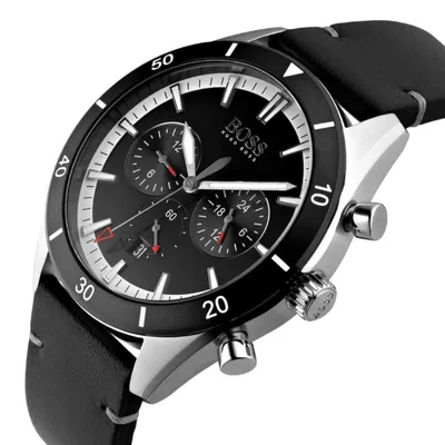 Hugo Boss Chronograph Black Dial Black Leather Strap Watch  