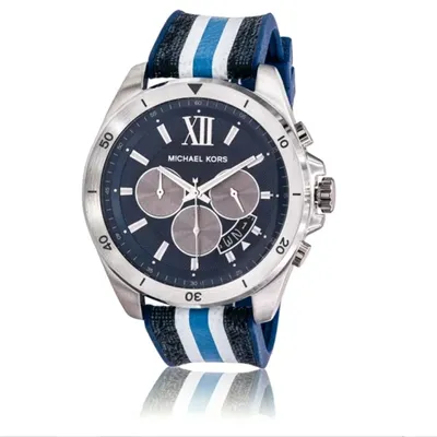 NEW AUTHENTIC MICHAEL KORS BRECKEN SILVER NAVY BLUE SILICONE MEN'S WATCH