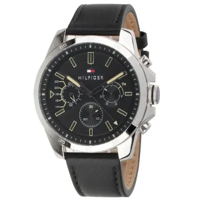 Tommy Hilfiger Decker Black Dial Black Leather Strap Watch