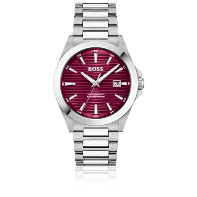 Hugo Boss Silver-tone watch with burgundy grooved dial