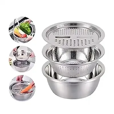 3 In 1 Multifunctional Stainless Steel Basin With Vegetable Cutter + Drain Basket