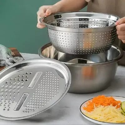 3 In 1 Multifunctional Stainless Steel Basin With Vegetable Cutter + Drain Basket