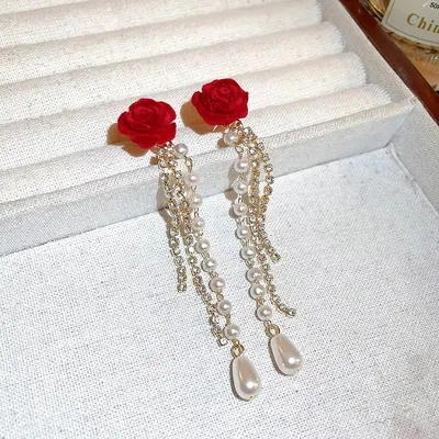 1 pair Velvet Red Rose Tassel Earrings