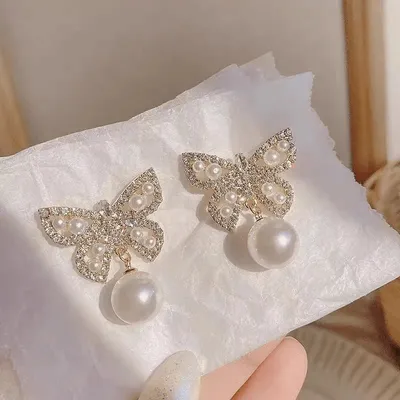Big Pearl Butterfly Unique Design Earrings