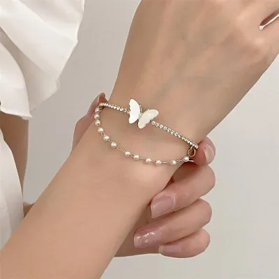  Double Layer Butterfly Shaped Pearl  Bracelet (1pc)