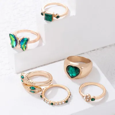 Green Crystal Butterfly Snake Shape Finger Ring (6pc)