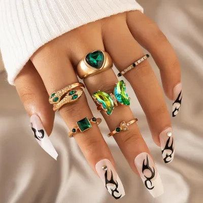 Green Crystal Butterfly Snake Shape Finger Ring (6pc)