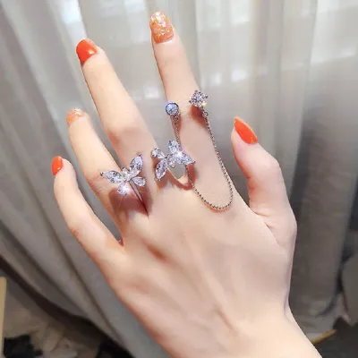 Stylish Double Butterfly Chain Finger Ring (2pc)
