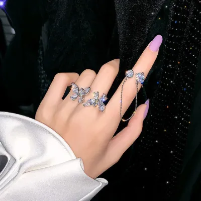 Stylish Double Butterfly Chain Finger Ring (2pc)