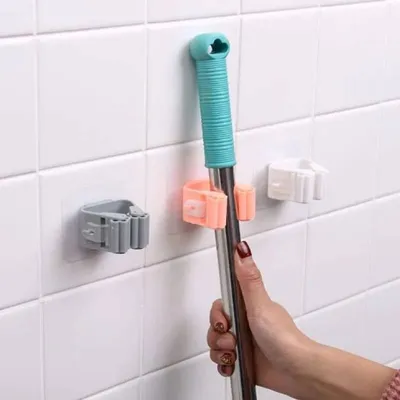Mop Plastic Wall Broom Holder With Glue Sticker (2 pc)