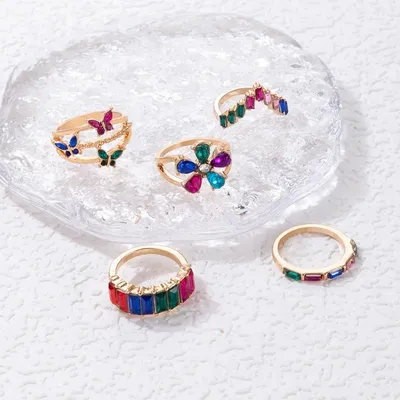 Multicolor Butterfly Flower Finger Ring Set (5 pcs)