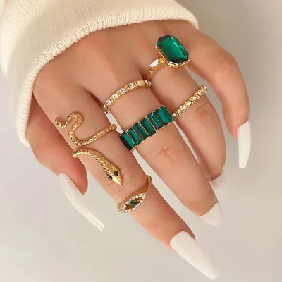 Green Geometric Crystal Snake Ring Set (6 pcs)