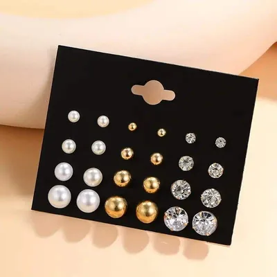 Shiny Pearl Stone Stud Earring Set (15 pairs)