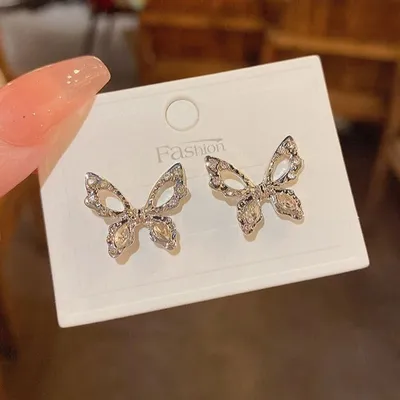 Dainty Crystal Silver Butterfly Stud Earrings