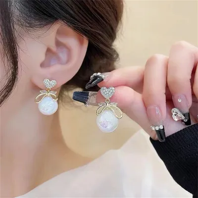 Pearl Heart Shape Crystal Bow Earrings
