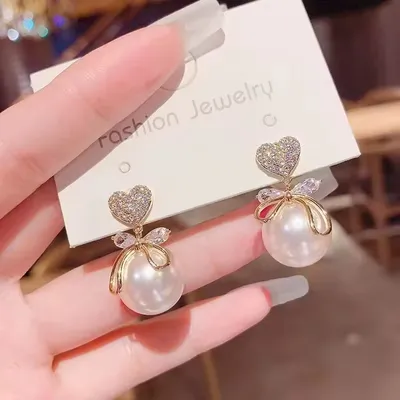 Pearl Heart Shape Crystal Bow Earrings
